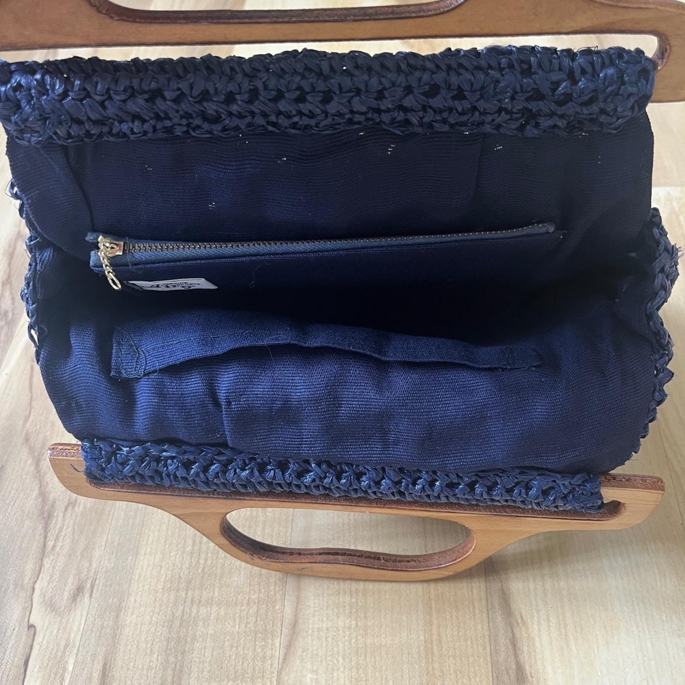 Vintage Handbag Straw Navy Blue Wood Coastal Beach Preppy Cottage‎ Classic Vacay - Picture 4 of 12